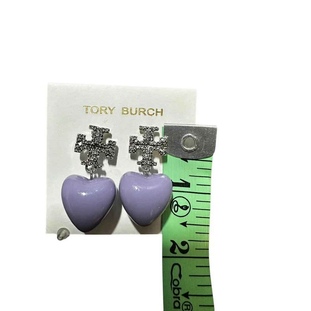 Tory Burch Roxanne Purple Heart Drop Pave Crystal Earrings Post Back New